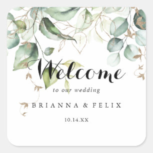Välkomsthälsning för elegant Greenery Calligraphy  Fyrkantigt Klistermärke