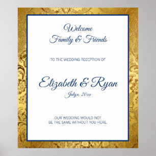 Välkomsthälsning för elegant Guld Damask Wedding P Poster