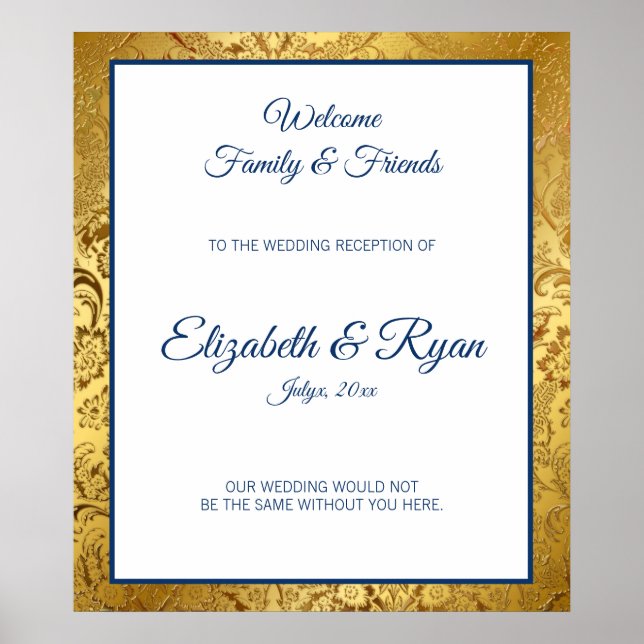 Välkomsthälsning för elegant Guld Damask Wedding P Poster (Framsidan)