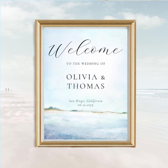Välkomsthälsning för elegant Watercolor Beach Coas Poster (Wedding welcome poster nautical coastal ocean shore watercolor painted elegant romantic modern chic)