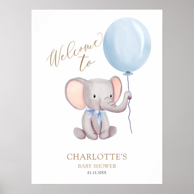 Välkomsthälsning för Elephant Baby Shower Boy Blue Poster (Framsidan)