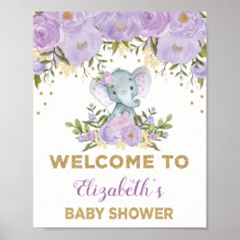 Välkomsthälsning för Elephant Baby Shower på lila  Poster
