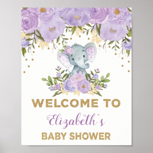 Välkomsthälsning för Elephant Baby Shower på lila  Poster (Framsidan)