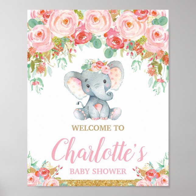 Välkomsthälsning för Elephant Baby Shower på rosa  Poster (Framsidan)