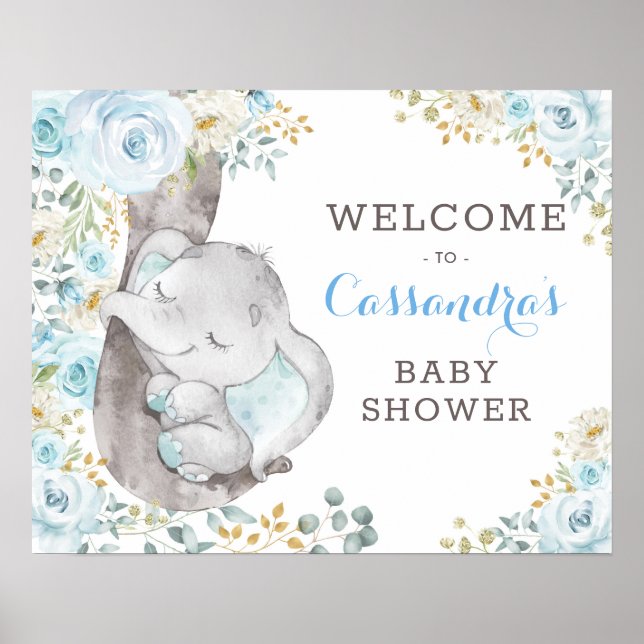 Välkomsthälsning för Elephant Baby Shower Soft Blu Poster (Framsidan)