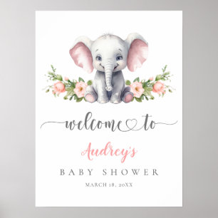 Välkomsthälsning för Elephant Rosa Blommigt Flicka Poster