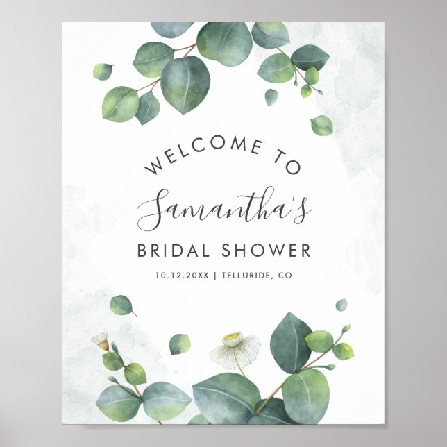 Välkomsthälsning för Eucalyptus Greenery Script-Mö Poster (Framsidan)