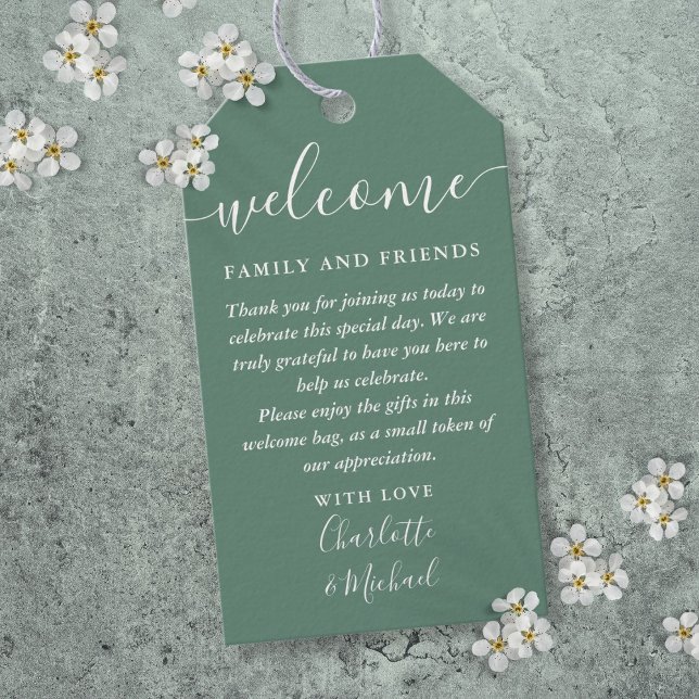 Välkomsthälsning för Eucalyptus Grönt Wedor Välkom Presentetikett (Eucalyptus Green Wedding Favor Welcome Basket Bag Gift Tags)