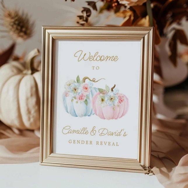 Välkomsthälsning för Fall Rosa och Blue Pumpkin Ge Poster (Fall Gender Reveal Baby Shower Welcome Sign)