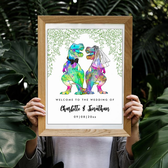 Välkomsthälsning för färgämnet dinosauer ThBäste B Poster (Colorful dinosaur themed wedding welcome poster with funny T-Rex bride and groom and Jurassic jungle)