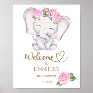 Välkomsthälsning för flickans elefant- och blommig poster