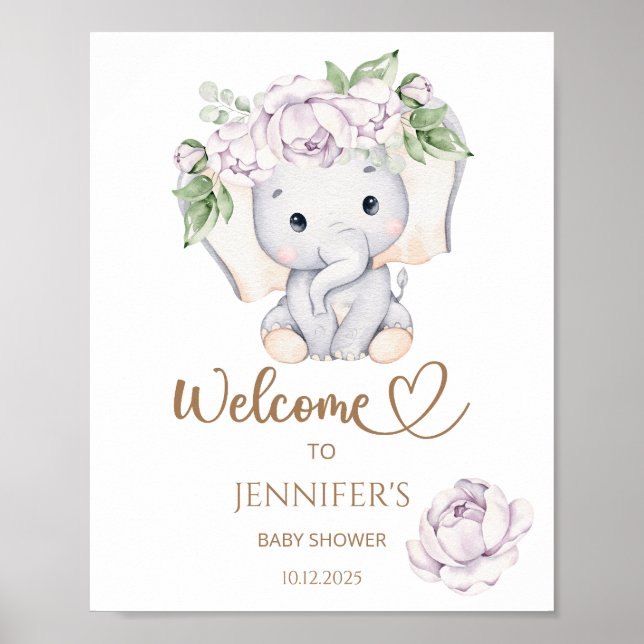 Välkomsthälsning för flickans elefant- och blommig poster (Framsidan)