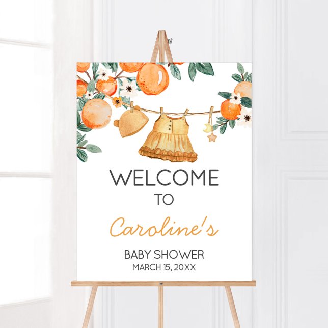 Välkomsthälsning för frukt- och babykläder i Orang Poster (Baby Clothesline Orange Baby Shower Welcome Sign)
