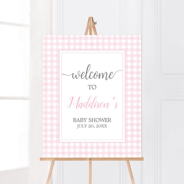 Välkomsthälsning för Gingham Baby Shower Classic R Poster (Girl Gingham Baby Shower Welcome Sign)