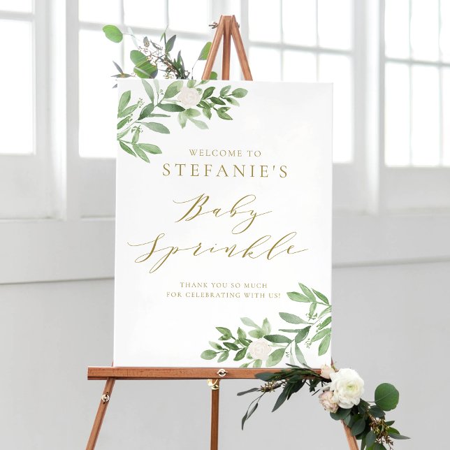 Välkomsthälsning för Greenery and White Flowers Ba Poster (Skapare uppladdad)