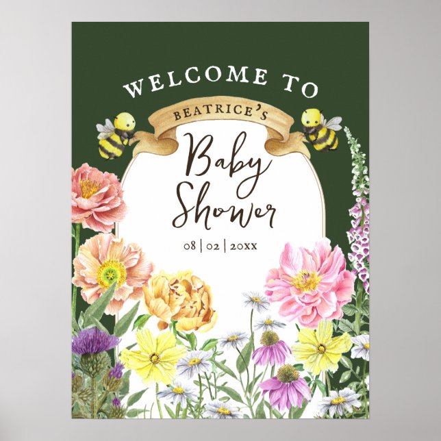 Välkomsthälsning för grönt Bee och Wildblomma Baby Poster (Framsidan)