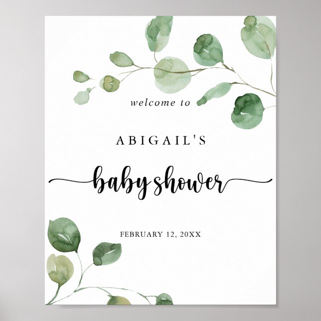 Välkomsthälsning för grönt Eucalyptus Baby Shower Poster (Framsidan)