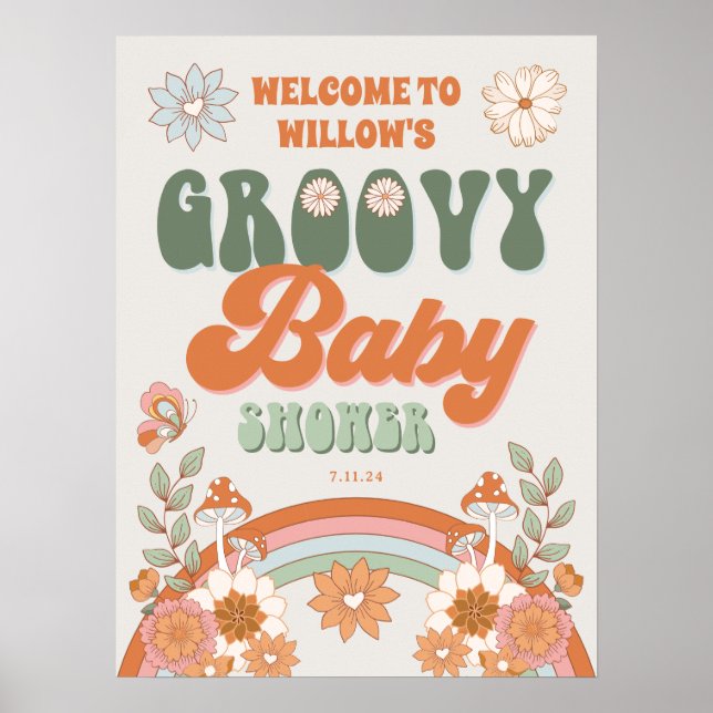 Välkomsthälsning för Groovy Rainbow Hippie Baby Sh Poster (Framsidan)