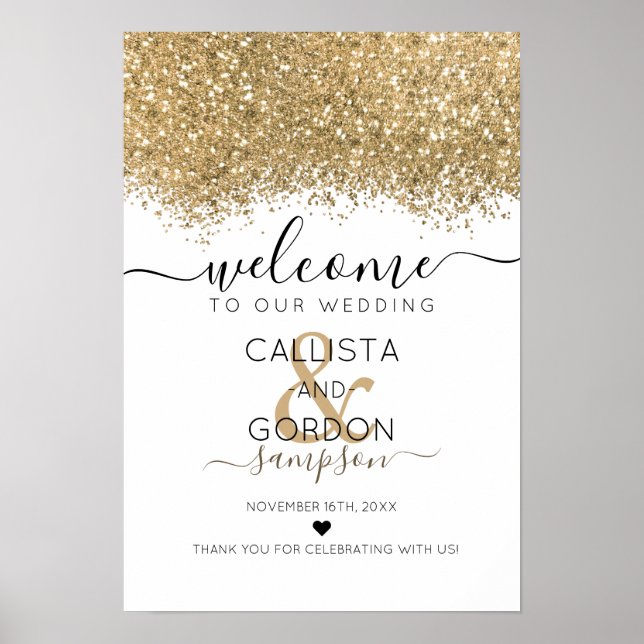 Välkomsthälsning för Guld White Glitter Confetti B Poster (Framsidan)