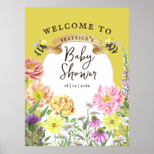 Välkomsthälsning för gult Bee och Wildblomma Baby Poster