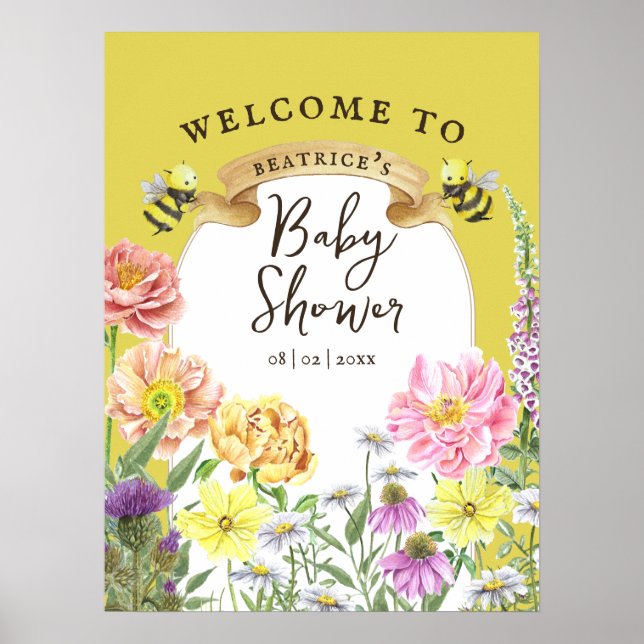 Välkomsthälsning för gult Bee och Wildblomma Baby  Poster (Framsidan)