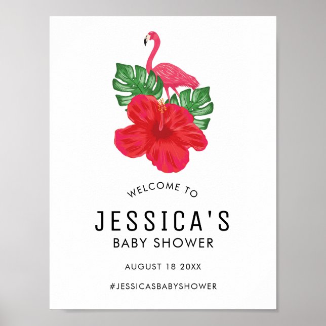Välkomsthälsning för Hibiscus och Flamingo Baby Sh Poster (Framsidan)