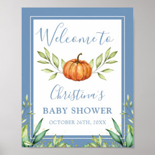Välkomsthälsning för hösten Dusty Blue Pumpkin Bab Poster
