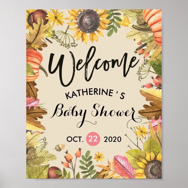Välkomsthälsning för höstmånen Löv och babyknapp Poster (Framsidan)