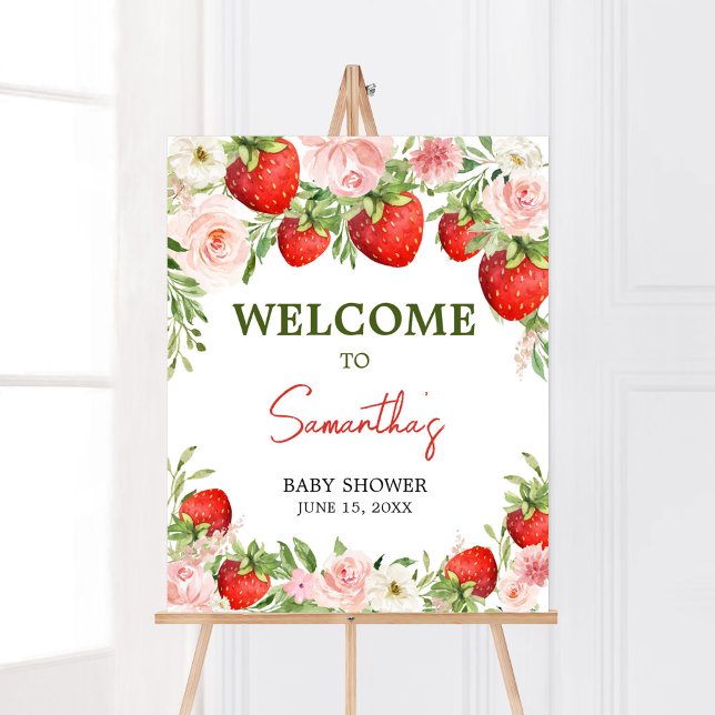 Välkomsthälsning för jordgubbsbabykläder poster (Pink Floral Strawberry Baby Shower Welcome Sign)