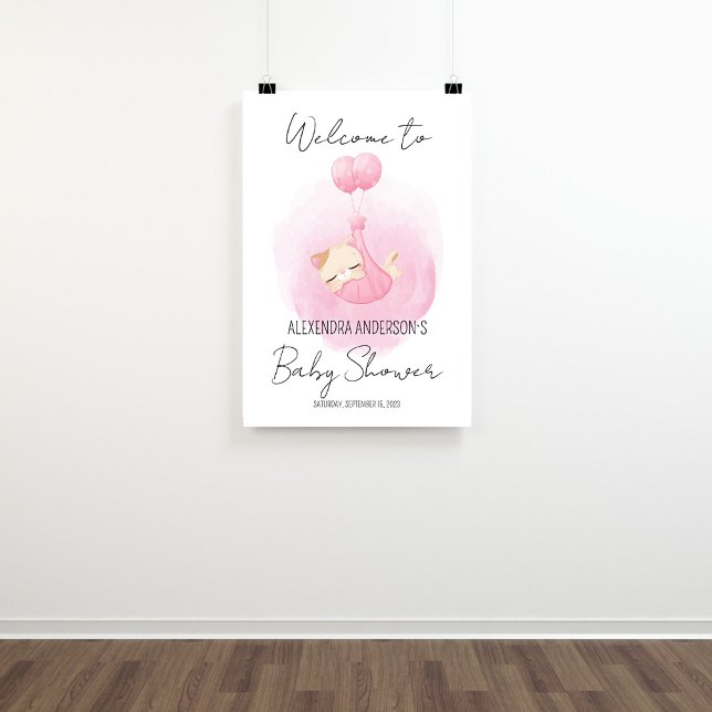 Välkomsthälsning för kattunge rosa, babykläder,  poster (Welcome sing for cat theme baby girl shower as a party decoration.)