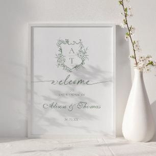Välkomsthälsning för klassiskt monogram Sage Grönt Poster