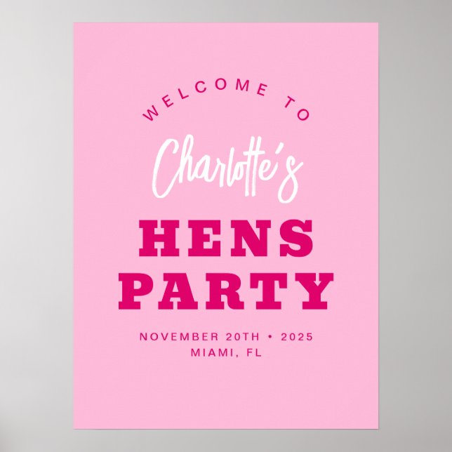 Välkomsthälsning för minimalistisk Shock rosa Hens Poster (Framsidan)