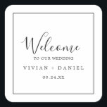 Välkomsthälsning för minimalistiskt Bröllop Fyrkantigt Klistermärke<br><div class="desc">Dessa minimalistiska välkomstklistermärken i bröllop är perfekt för ett enkelt bröllop. Den moderna romantiska designen har klassisk svart- och vit typografi parad med en rografi av rustik men elegant med vintage handskrivet stil. Anpassade i alla färg. Behålla designen enkel och elegant, som den är, eller anpassa den genom att lägga...</div>