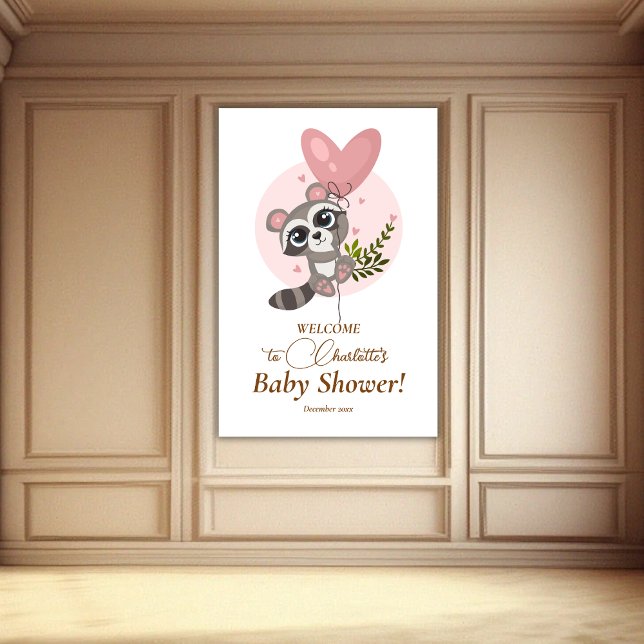 Välkomsthälsning för minimalistiskt cute Raccoon B Poster (Minimalist Cute Raccoon Baby Shower Welcome Poster)