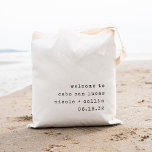 Välkomsthälsning för minimalistiskt textmål tygkasse<br><div class="desc">Välkomna gäster till ditt destinationsbröllop med den här chicen och den moderna personligen tote bags. Designfunktionen "Välkommen till [destination]" i skrivmaskinsskriften för svart vintage med namn och bröllop under,  justerad mot den undre högerna för ett minimalistiskt utseende.</div>