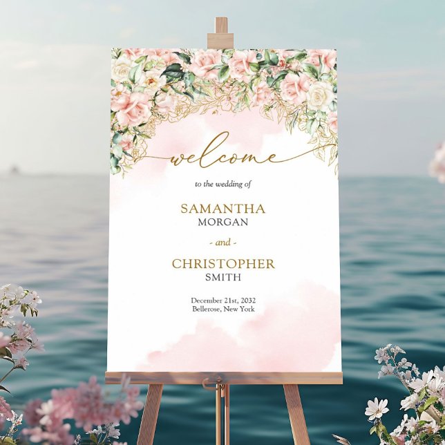 Välkomsthälsning för mjuk pastel rosa ros och guld poster (Elegant soft pink roses greenery and gold wedding welcome sign)