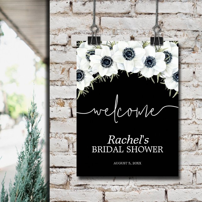 Välkomsthälsning för Möhippa av vattenfärg Blommig Poster (Watercolor black and white floral bridal shower welcome poster)