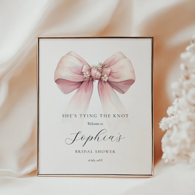 Välkomsthälsning för Möhippa Gifter sig Poster (shes tying the knot welcome poster pink bow feminine bridal shower coquette theme)