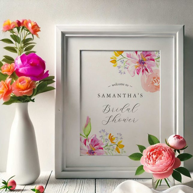 Välkomsthälsning för Möhippan Färgvattenfärg Blomm Poster (Bridal shower posters watercolor pink and orange floral art by Victoria Grigaliunas DoTellABelle)