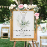 Välkomsthälsning för Möhippan Watercolor Greenery  Poster<br><div class="desc">Den här eleganten har en mjuk vattenfärgad bukett av eukalyptus,  grönmålning och guld som omger en målad klänning. Klicka på knappen Anpassa och "Klicka för att anpassa ytterligare" för att redigera skriptordextens färg. Se hela samlingen för mer matchande objekt!</div>