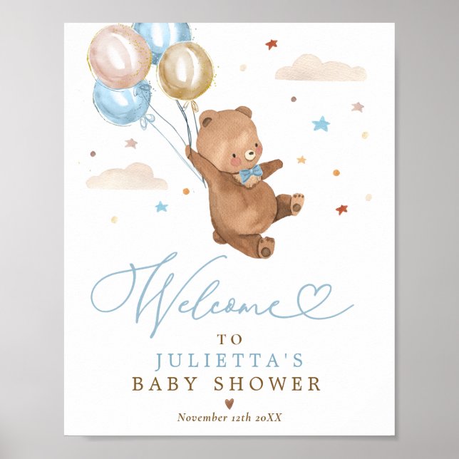 Välkomsthälsning för nalle Baby Shower Boy Blue Be Poster (Framsidan)