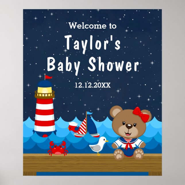 Välkomsthälsning för Nautical Girl Bear Red Navy B Poster (Framsidan)