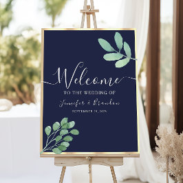 Välkomsthälsning för Navy Blue Greenery Bröllop Poster