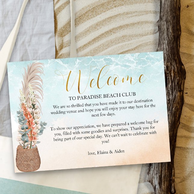 Välkomsthälsning för Ocean Beach Destinationsbröll Tilläggskort (Ocean beach wedding welcome card - Boho Beach Collection)