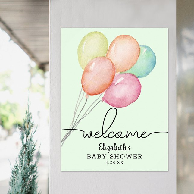 Välkomsthälsning för optiska färgbubblor - Unisex  Poster (Watercolor balloons on green unisex baby shower welcome poster, PRINTED and/or INSTANT DOWNLOAD)