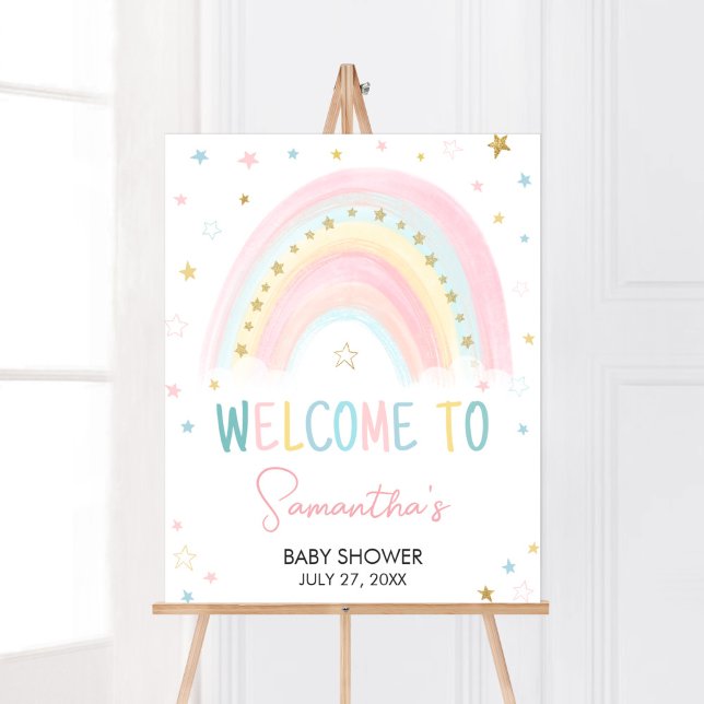 Välkomsthälsning för Pastel Rainbow Baby Shower Poster (Pink Boho Rainbow Baby Shower Welcome Sign)
