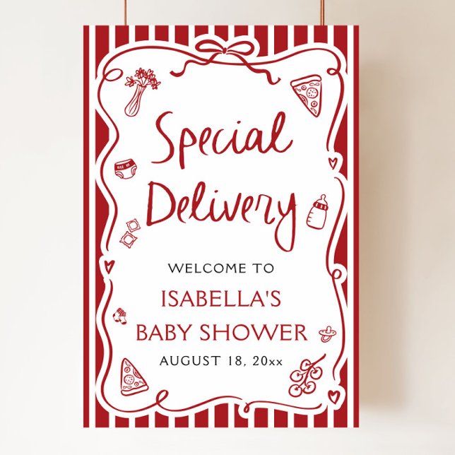 Välkomsthälsning för Red Italian Speciell Delivery Poster (Hand Drawn Italian Special Delivery Baby Shower Welcome Sign)