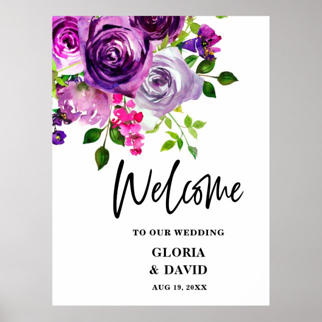 Välkomsthälsning för Romantisk Lila Blommigt Bröll Poster (Framsidan)