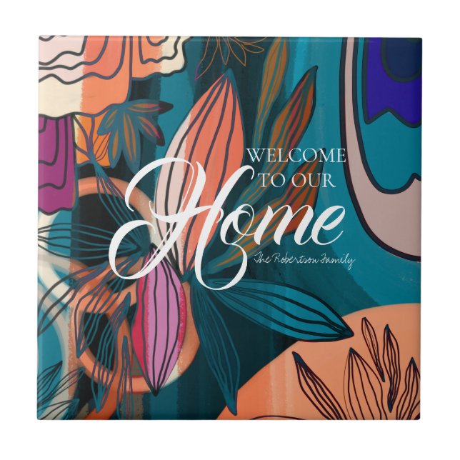 Välkomsthälsning för Rosa av botaniskt Löv i konst Kakelplatta (Framsidan)