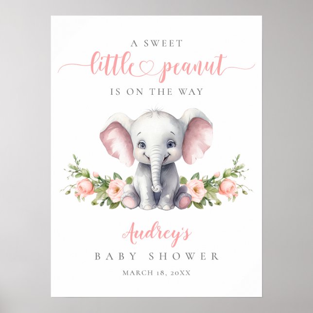 Välkomsthälsning för rosa Blommigt Elephant Flicka Poster (Framsidan)